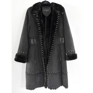 Via Spiga Faux Suede Whipstitch Black Faux Fur Lined Coat No Belt Gothic Chic L